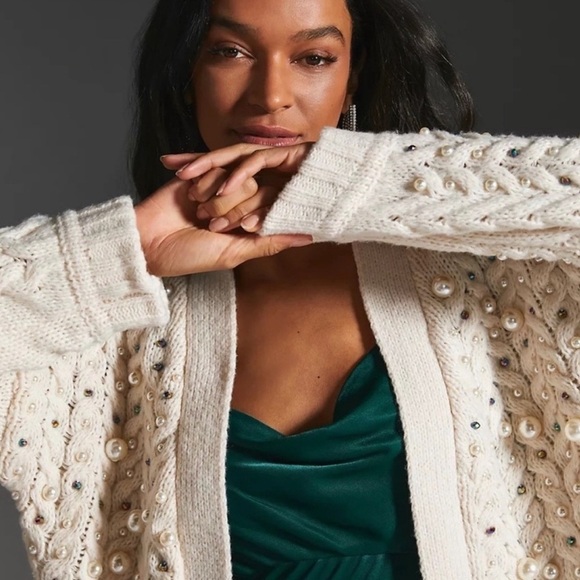 Anthropologie Sweaters - Maeve Anthropologie Ivory Kimono Things Embellished Party Pearl Holiday Sweater
